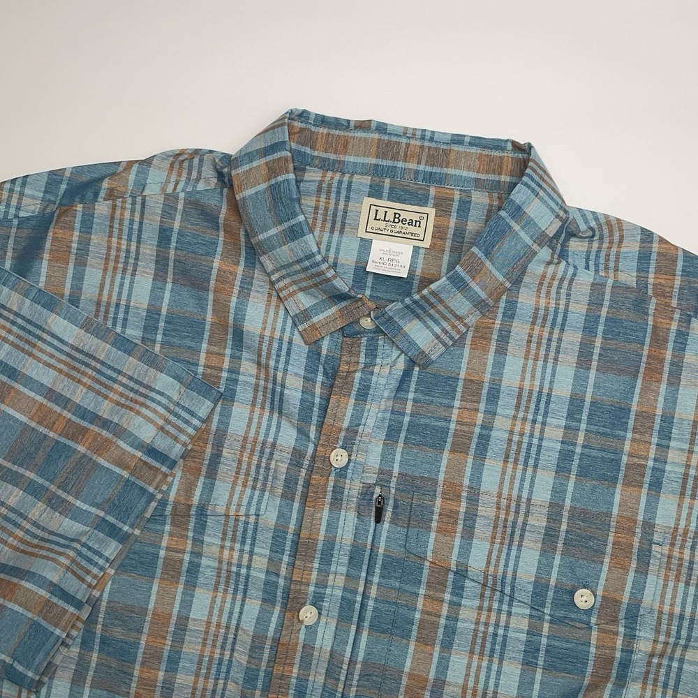 LL Bean‎ SunSmart Cool Weave Shirt XL Blue Plaid Short Sleeve Performance 513149